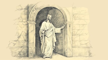 Invitation and Presence: Jesus at Church Entrance, Biblical Illustration Highlighting His Care