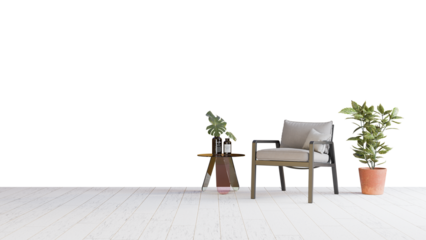 a chair and a table with plants in pots