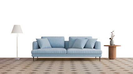 a blue couch with pillows and a lamp