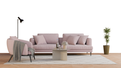 a living room with a pink couch and a table