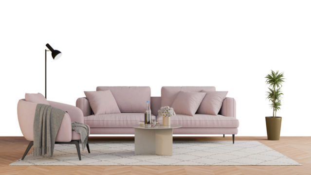 a living room with a pink couch and a table