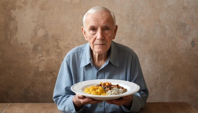 Elderly Man Facing Empty Plate: A Stark Reminder of Poverty and Hunger - Powered by Adobe