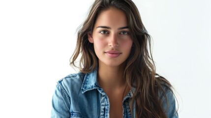 Fototapeta premium A Young Brazilian Woman Wearing A Denim Shirt, Standing Confidently Against A White Background, Hd Images