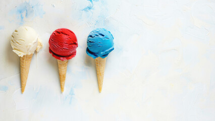 Red, white, and blue ice cream cones on a textured white background.