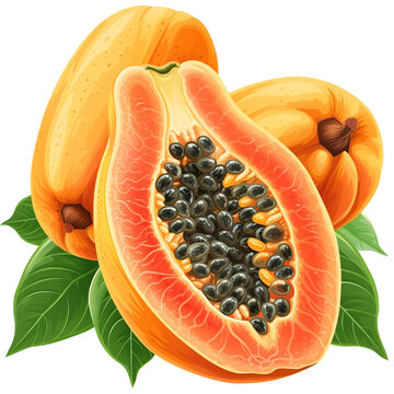 ripe papaya fruit with seeds and leaves clip art preview