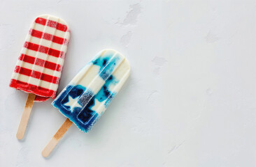 Popsicles in American flag colors on a white textured background, top view, patriotic concept, space for text.