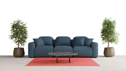 a blue couch and a table in a room