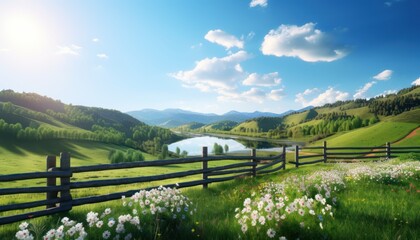 A stunning spring day landscaping views of fertile land surrounded beautiful green vegetation, wide stretches of hills and mountains with clear skies in spring
