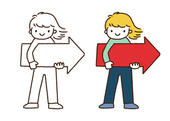 赤い矢印のボードを持つ女性のイラスト／Illustration of a woman holding a red arrow board