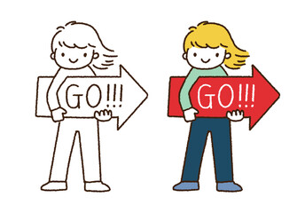 「GO!」と書かれた赤い矢印のボードを持つ女性のイラスト／Illustration of a woman holding a red arrow board with 