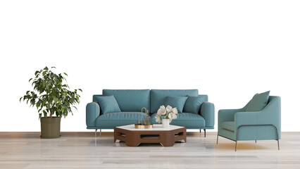 a living room with a blue couch and a coffee table