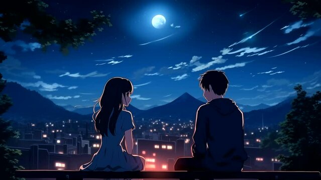Boy and girl sitting in the park on a date at night with a view of the starry sky, warm and romantic atmosphere. looping time-lapse animation video background