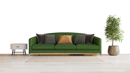 a green couch with pillows and a plant in a room