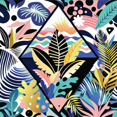 Fototapeta premium Abstract Tropical Leaf Pattern with Geometric Diamond
