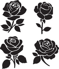 Rose silhouettes vector illustration, isolated black silhouettes of rose flowers vector