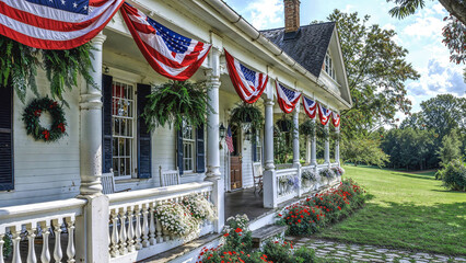 Fototapeta premium American house decorated for Independence Day with patriotic theme.