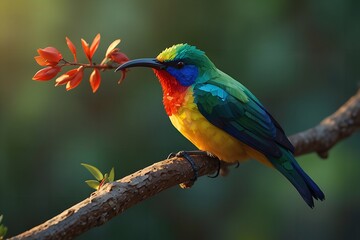 Obraz premium A low poly iridescent splendid sun-bird sits on a tree