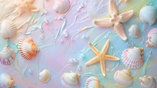 Abstract background of pastel colored starfish and seashells. Beautiful background 