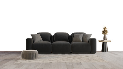 a black couch and a table in a room