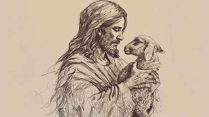 Good Shepherd: Jesus Holding a Lamb, Biblical Illustration of Divine Care and Guidance