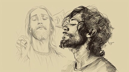 Comfort in Prayer: Person Praying with Jesus's Presence, Biblical Illustration Highlighting Peace