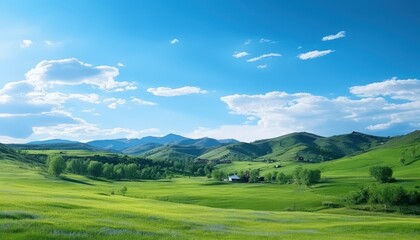 Fototapeta premium A stunning spring day landscaping views of fertile land surrounded beautiful green vegetation, wide stretches of hills and mountains with clear skies in spring