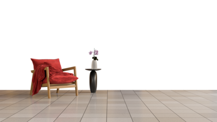 a chair and a vase on a tiled floor