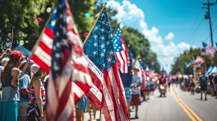 Dynamic scene of people waving American flags at a 4th of July parade, with floats and marching bands, ideal for patriotic content