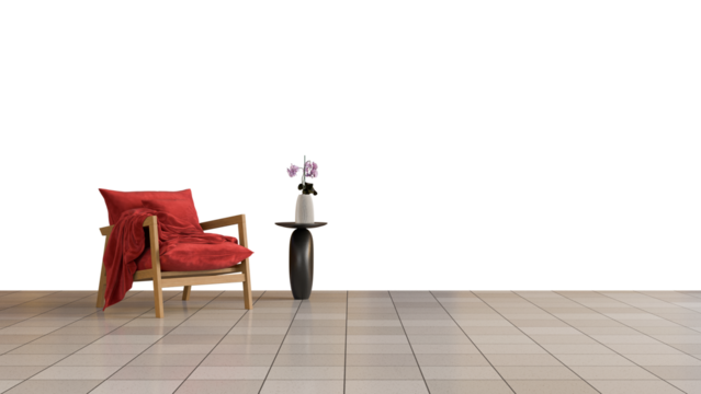 a chair and a vase on a tiled floor