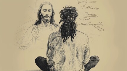 Fototapeta premium Reflection in Scripture: Person Meditating with Jesus's Image, Biblical Illustration of Contemplation