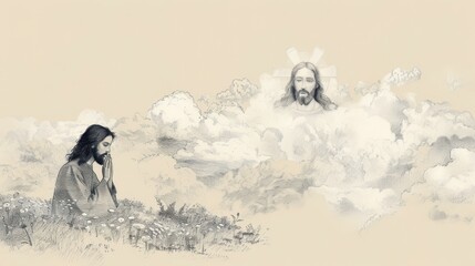 Worship in Nature: Person Praying with Jesus in the Clouds, Biblical Illustration of Divine Presence