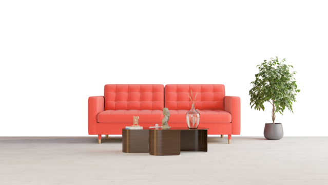 a red couch and a table in a room