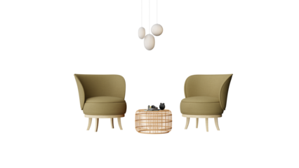 two chairs and a table with a lamp hanging from the ceiling