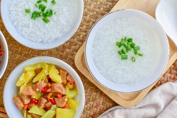Rice porridge with side dish, two boiled rice, congee,top view food table, asian food, chinese food, breakfast