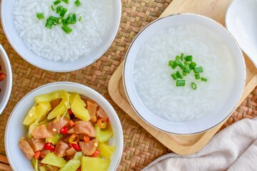 Rice porridge with side dish, two boiled rice, congee,top view food table, asian food, chinese...