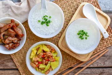 Rice porridge with side dish, two boiled rice, congee,top view food table, asian food, chinese food, breakfast