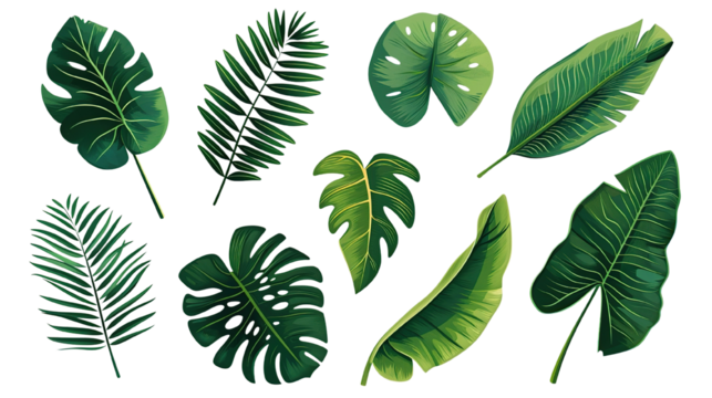 Flat Style Tropical Leaves Set Vibrant Palm Fronds Banana Monstera on Transparent