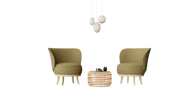 two chairs and a table with a lamp hanging from the ceiling