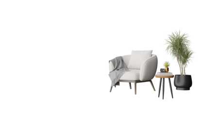 a white chair and a table with a plant