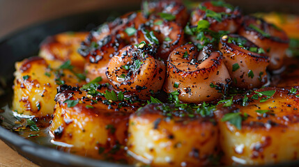 Octopus atop potatoes garnished with parsley