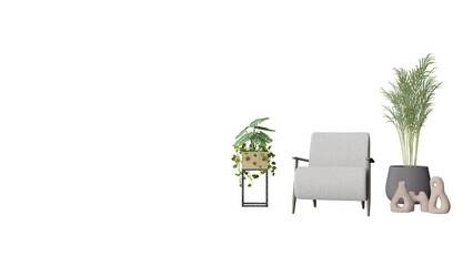 a chair and a plant in a vase