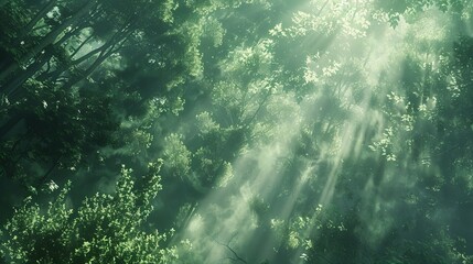 Obraz premium a forest of green trees with sunlight shining through the canopy, a green foggy misty atmosphere