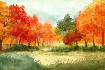 Watercolor forest landscape in Autumn and fall