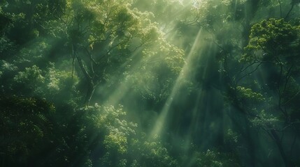 Fototapeta premium a forest of green trees with sunlight shining through the canopy, a green foggy misty atmosphere