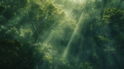 a forest of green trees with sunlight shining through the canopy, a green foggy misty atmosphere