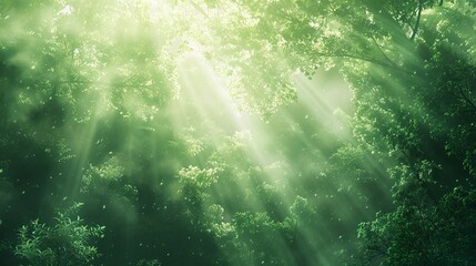 a forest of green trees with sunlight shining through the canopy, a green foggy misty atmosphere