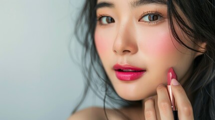 Fototapeta premium An Asian Woman Applying Pink Lipstick, Her Focused Expression Highlighting The Simple Yet Intimate Moment Of Self-Care, Hd Images