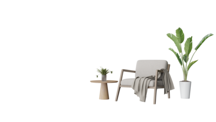 a chair and a table with a plant in it