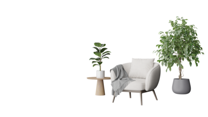 a white chair and a plant in a room