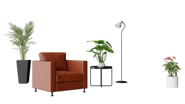 a chair and a table with plants in it